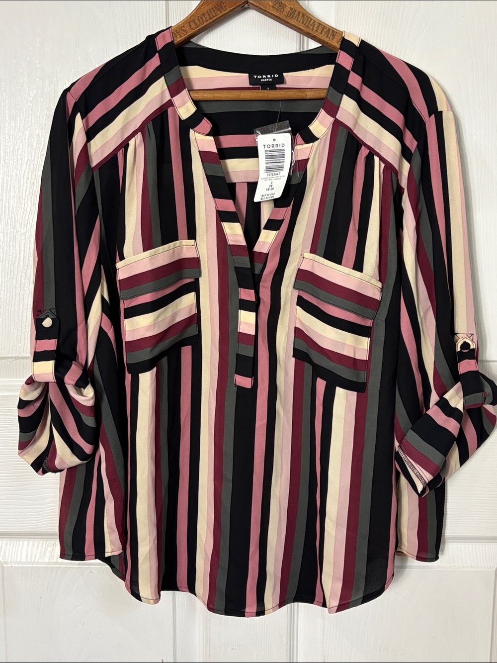 New torrid Harper Multi-Striped Split-Neck blouse in Pink, Black & Cream size 2X